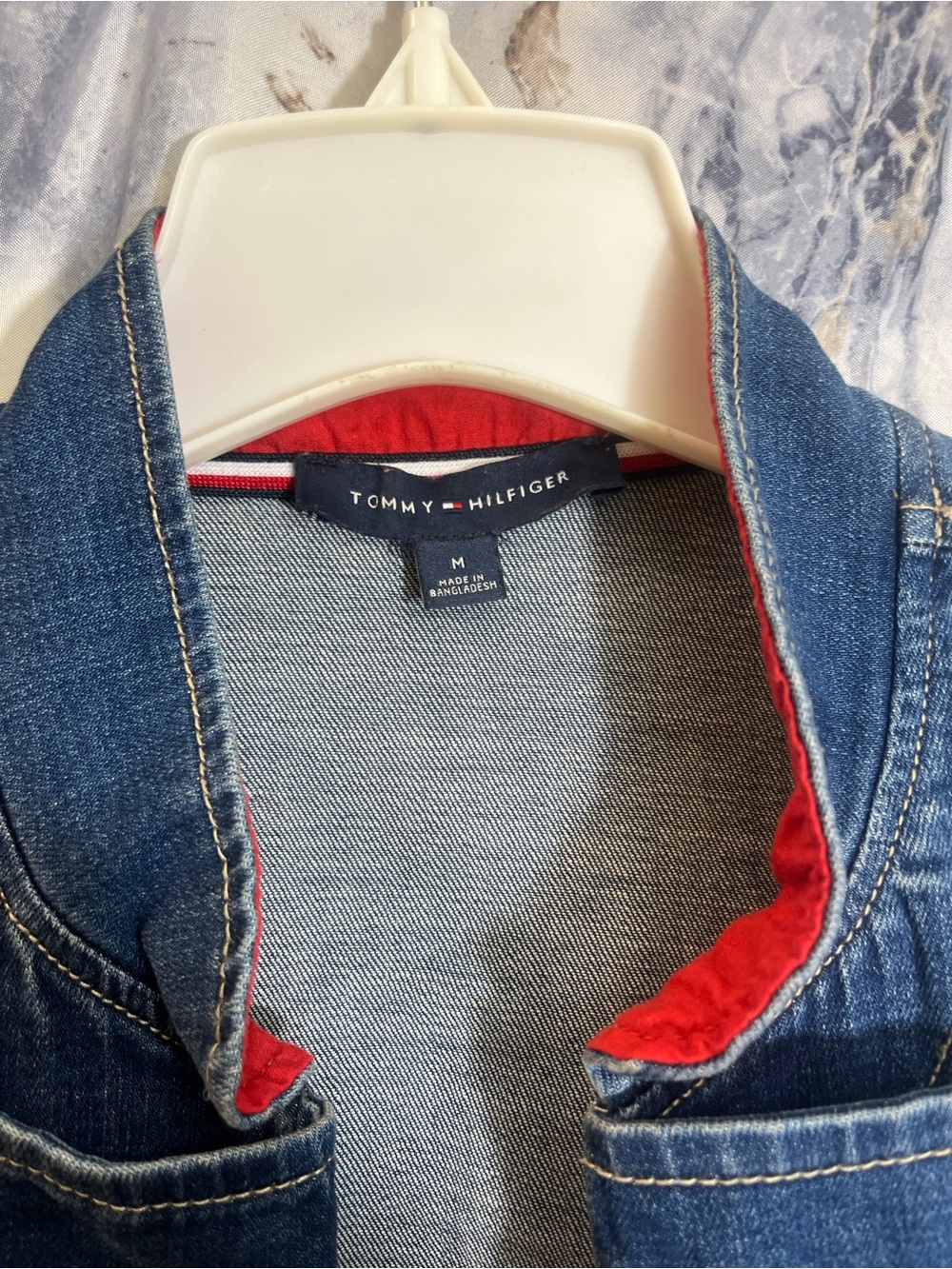 Tommy Hilfiger Denim Military-Style Cropped Jacket in Blue with Red Trim - Picture 2 of 5